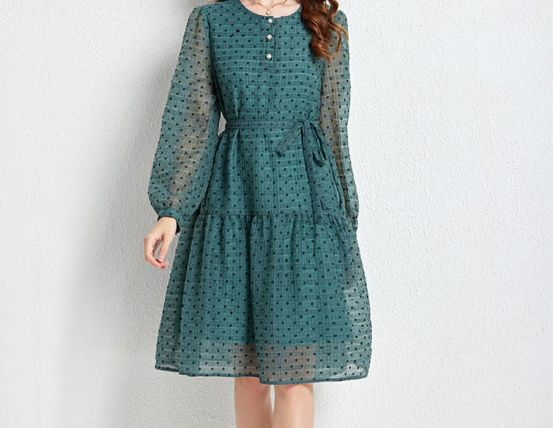 French Style Green Polka Dot Plus Size A-Line Dress – Long Sleeve Sun-Protective Fashion Dress