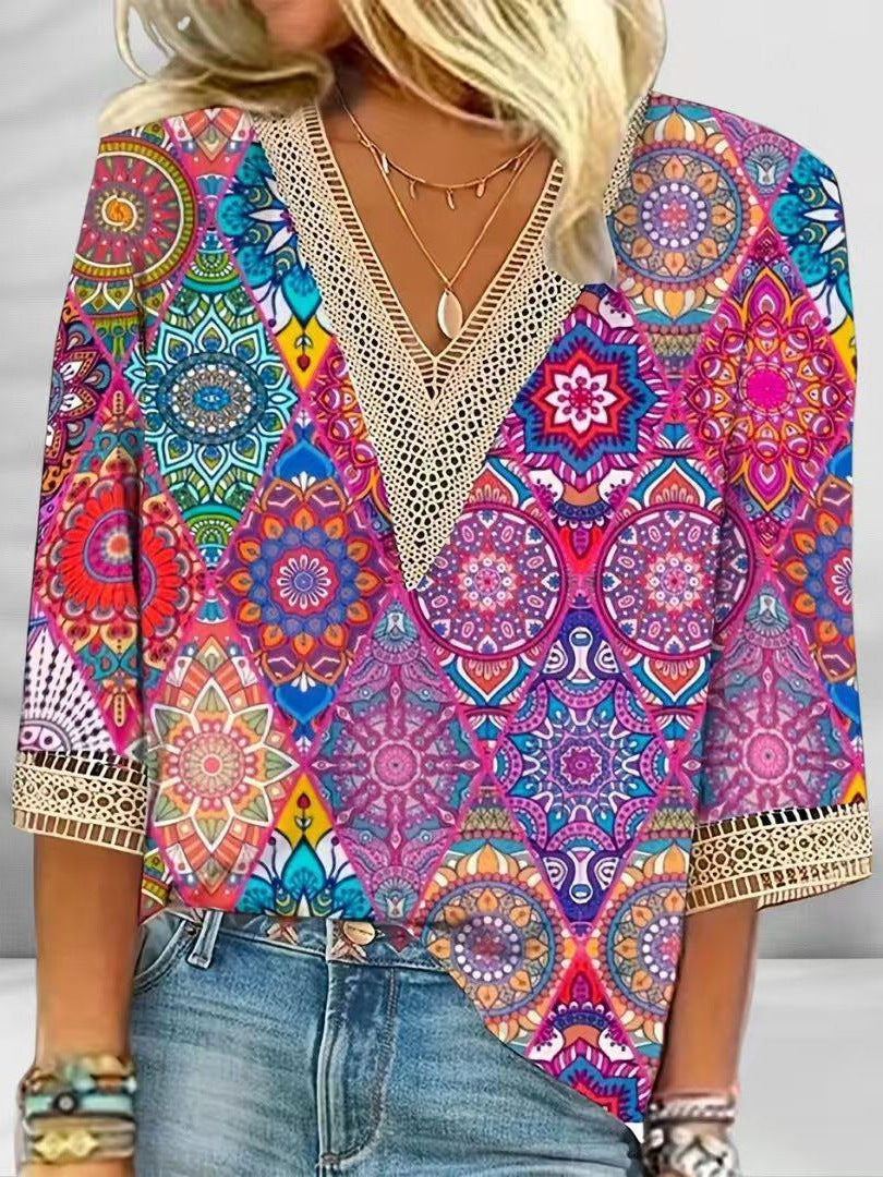Spring Printed V-Neck Lace Patchwork Three-Quarter Sleeve Women's Casual Top