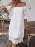 Women's Solid Color One-Shoulder Short Sleeve Lace Cutout Dress
