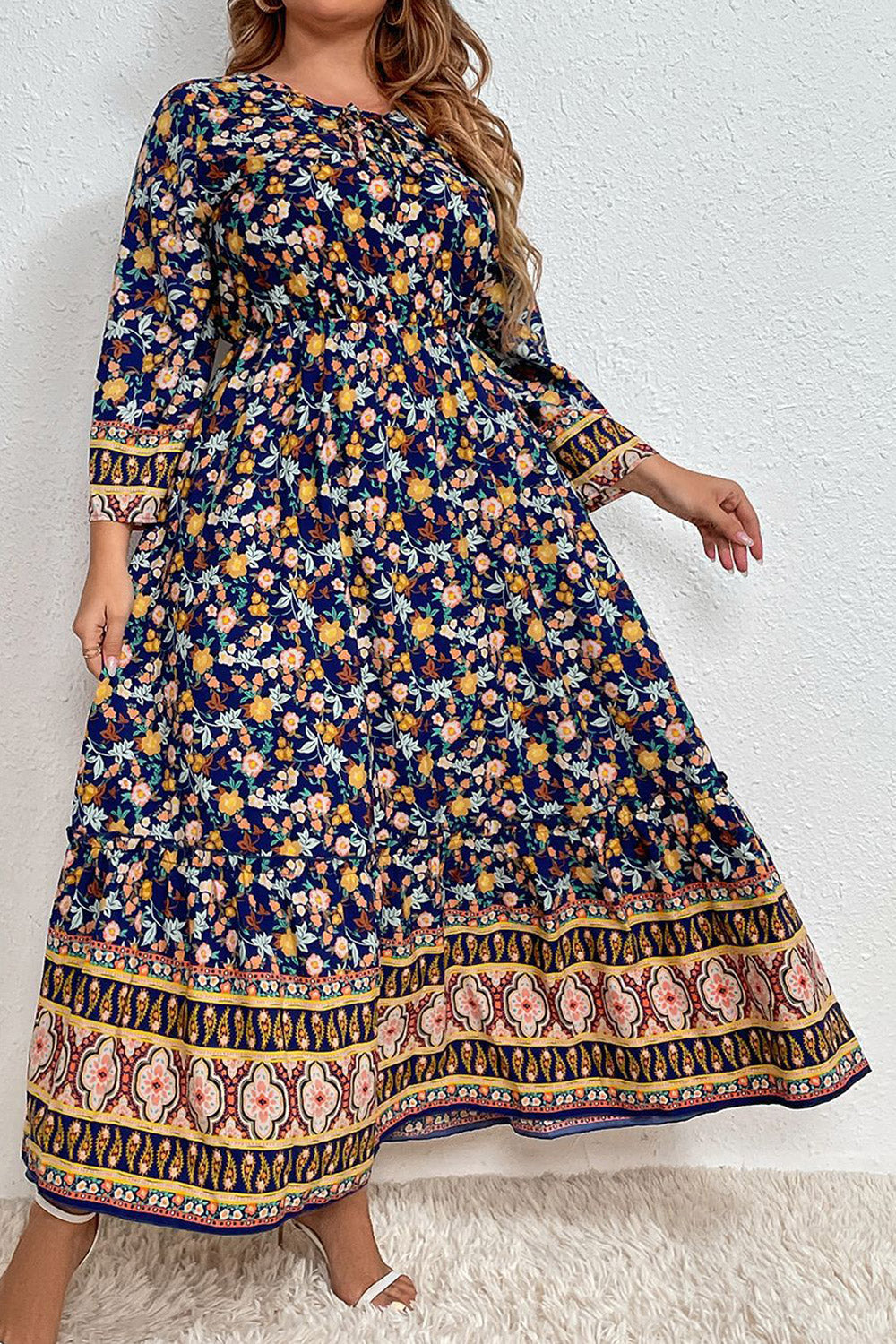 Women Plus Long Sleeve Floral Print High Waist Maxi Dress