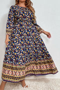 Women Plus Long Sleeve Floral Print High Waist Maxi Dress
