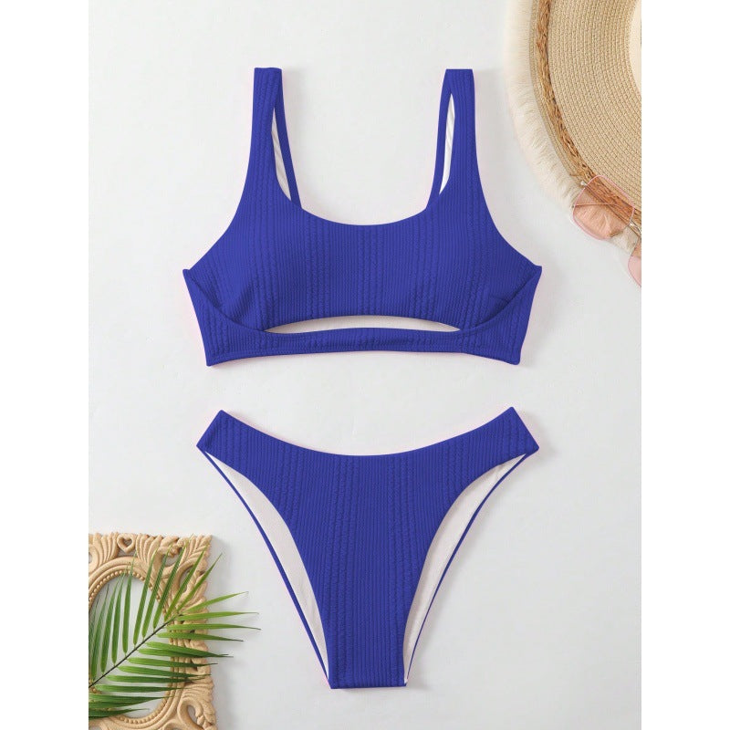 New Solid Color Hollowed-out Amazon Bikini Double Shoulder Strap Two-Piece Swimsuit for Women