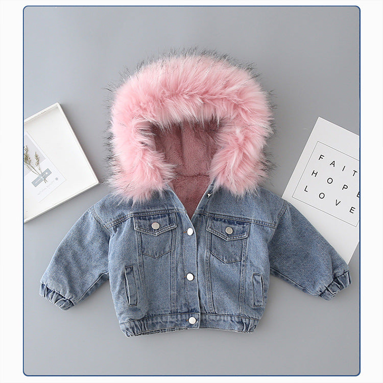 Girls’ Thickened Cotton-Padded Denim Jacket – Warm Fleece-Lined Winter Coat for Toddlers & Kids - RAC25JP3302BATOW