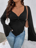 Plus Size Women's 2025 Autumn Winter Slim Fit Knitted Top – Irregular Hem Trumpet Sleeve T-Shirt, Elegant Stretch Pullover Blous