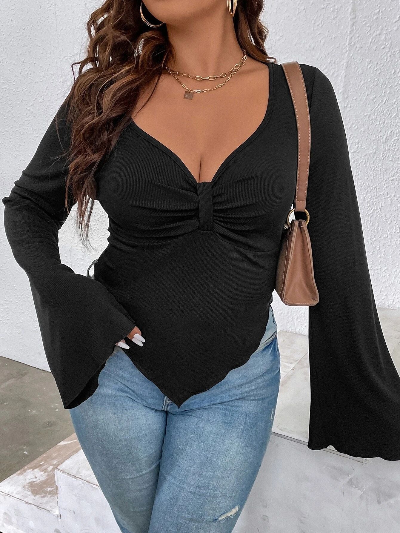 Plus Size Women's 2025 Autumn Winter Slim Fit Knitted Top – Irregular Hem Trumpet Sleeve T-Shirt, Elegant Stretch Pullover Blous