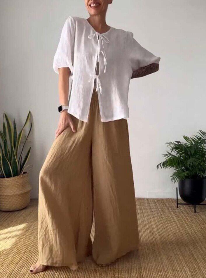 Women's Casual Solid Color Round Neck Tie Front Top & High Waist Wide Leg Pants Two-Piece Set