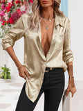 Women's Autumn Lapel Collar Solid Color Long Sleeve Single-Breasted Button Front Shirt Top