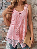 Summer New Casual Pure Color Vest Cut Out Lace Splicing U-Neck Cardigan Top for Women