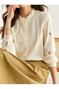 Women's Stand up Collar Style Flower Embroidery Long-Sleeved Top