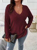 Plus Size Women's V-Neck Solid Color Knit Sweater – Casual Soft Knitwear Pullover for Fall & Winter