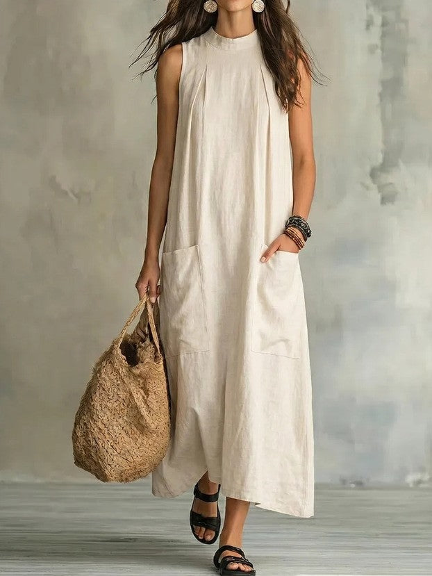 New Elegant Round-Neck Sleeveless Pocket Solid Color Dress for Women
