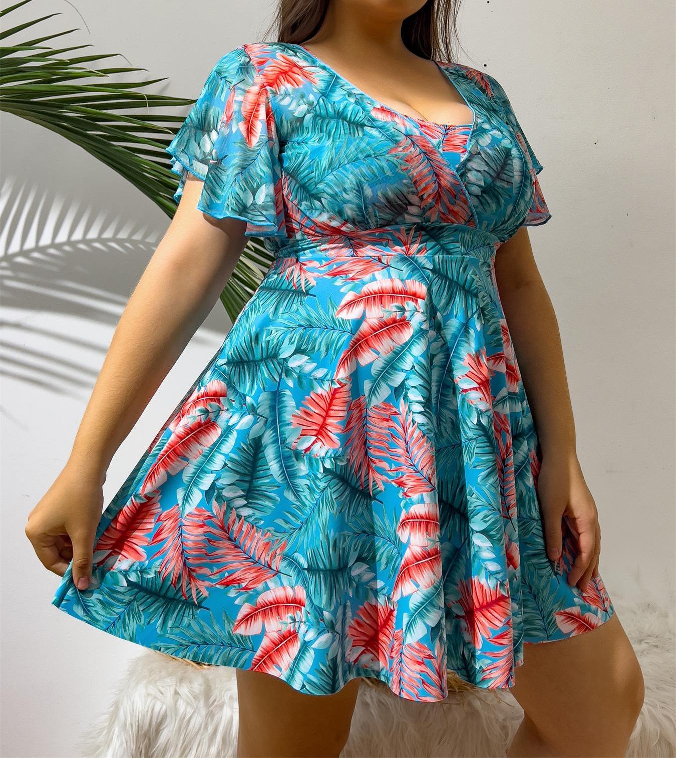 Plus-Size Women's Digital Print Skirted Tankini Swimsuit – Split Skirt & Tummy Control with Separate Briefs - RAC25JP2635WPSW