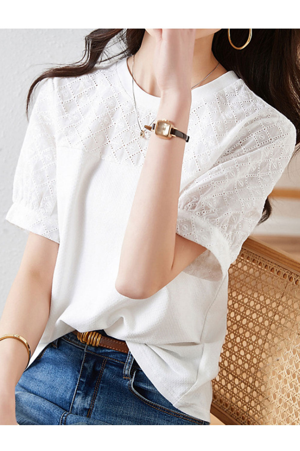 Women Cotton Embroidery Stitching Summer New Solid Color Short Sleeves Blouse