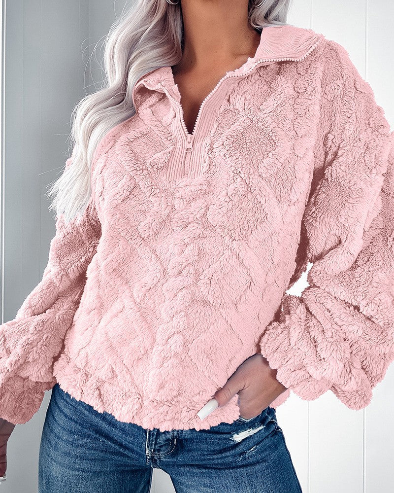 Autumn/Winter Solid Color Half-Zip Stand Collar Plush Pullover Sweatshirt