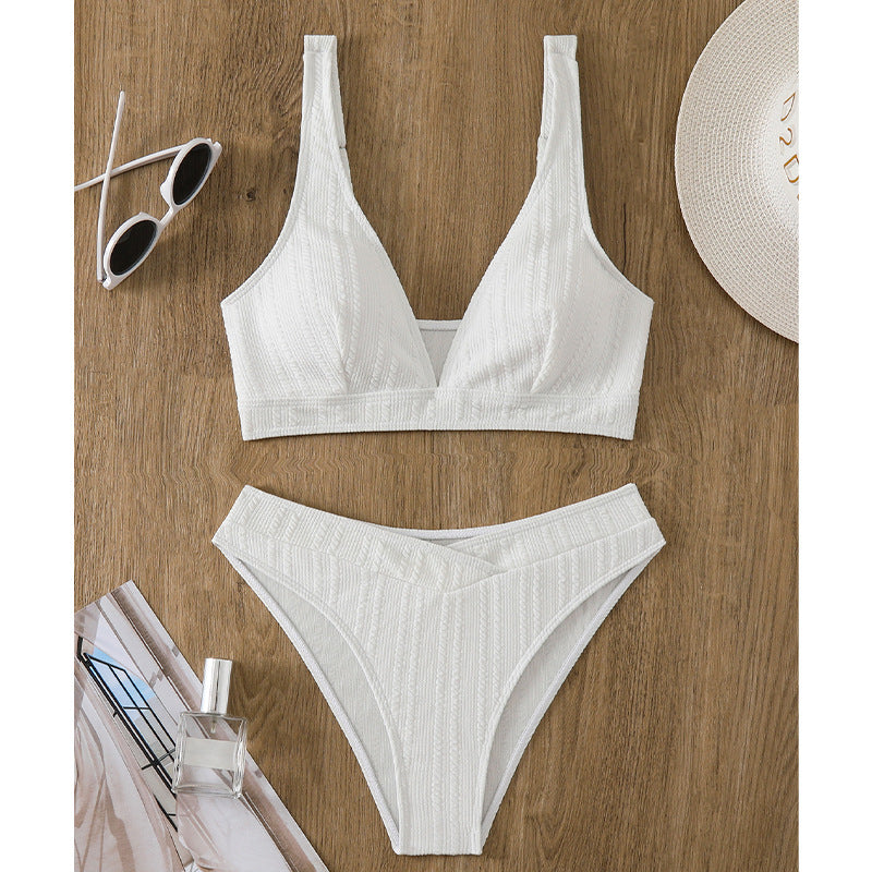 New Solid Color Backless Deep V Neck Bikini with Shoulder Straps and Split Design