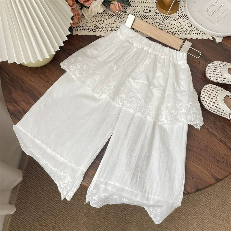 Girls’ Summer Casual Pants – Lace Trim Faux Two-Piece Skirt Pants - RAC26JP5416BATB
