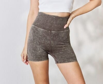 Women's Zenana Washed Wide Waistband High Waist Shorts