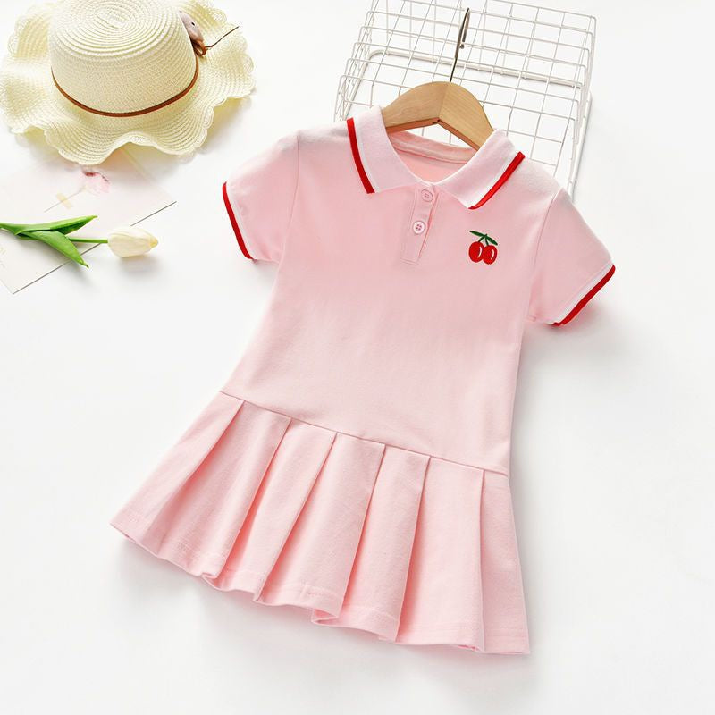 Girls’ Summer Dress – Cherry Color-Matching Polo Lapel Princess Pleated Skirt Dress - RAC26JP5447BATDAS