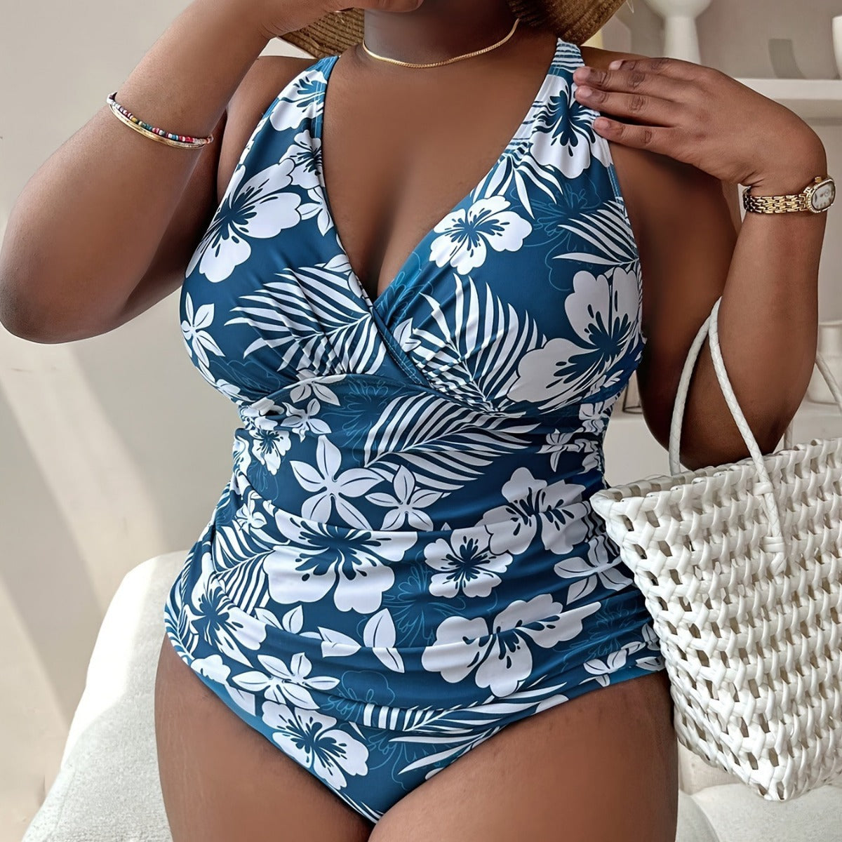 New Ladies Plus Size One-Piece Bikini, Digital Print, Gathered Detail, Conservative Swimsuit