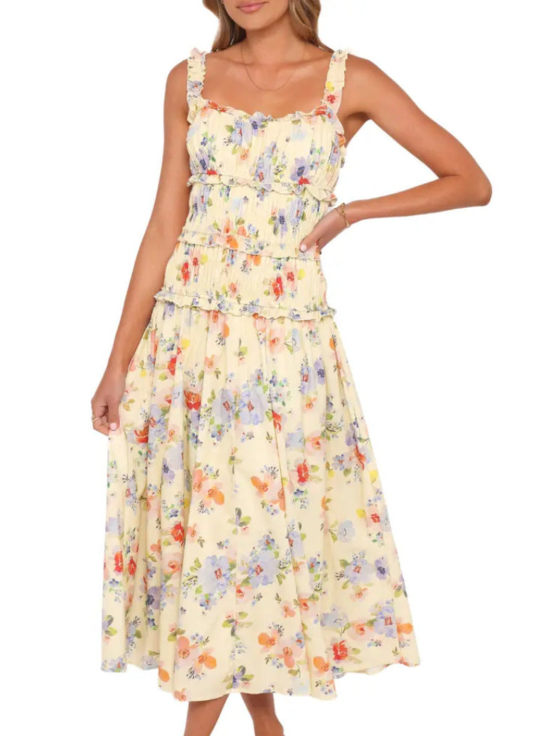 Spring and Summer Sleeveless Floral High-Waisted Casual Dress for Women