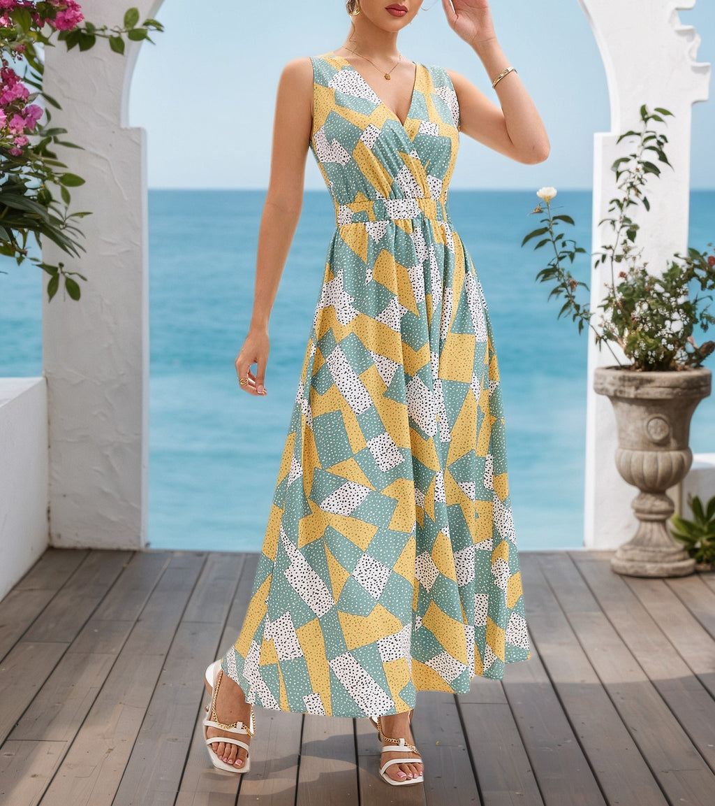 Women's Holiday Style Asymmetrical Geometric Print Sleeveless V-Neck Elegant Maxi Dress