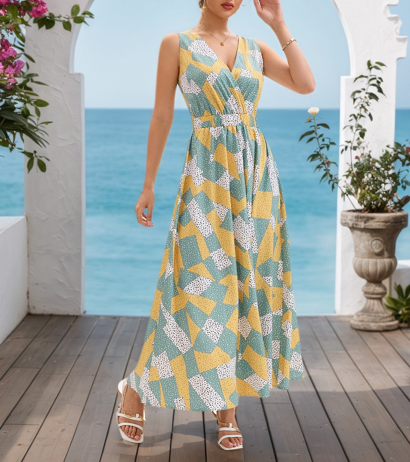 Women's Holiday Style Asymmetrical Geometric Print Sleeveless V-Neck Elegant Maxi Dress