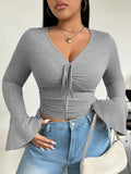 Winter Large Size Women’s V-Neck Long Sleeve T-Shirt – Pure Desire Temperament Slim Fit Short Top