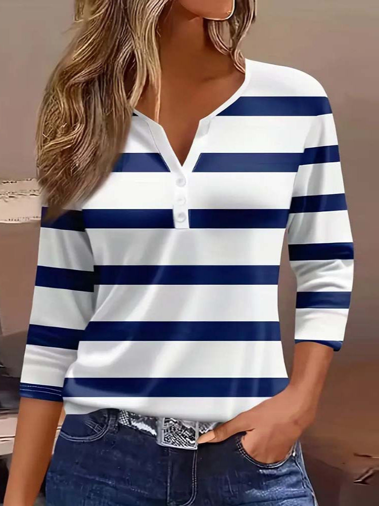 Summer Casual V-Neck Button Striped T-Shirt for Women – Short Sleeve Everyday Fashion Top