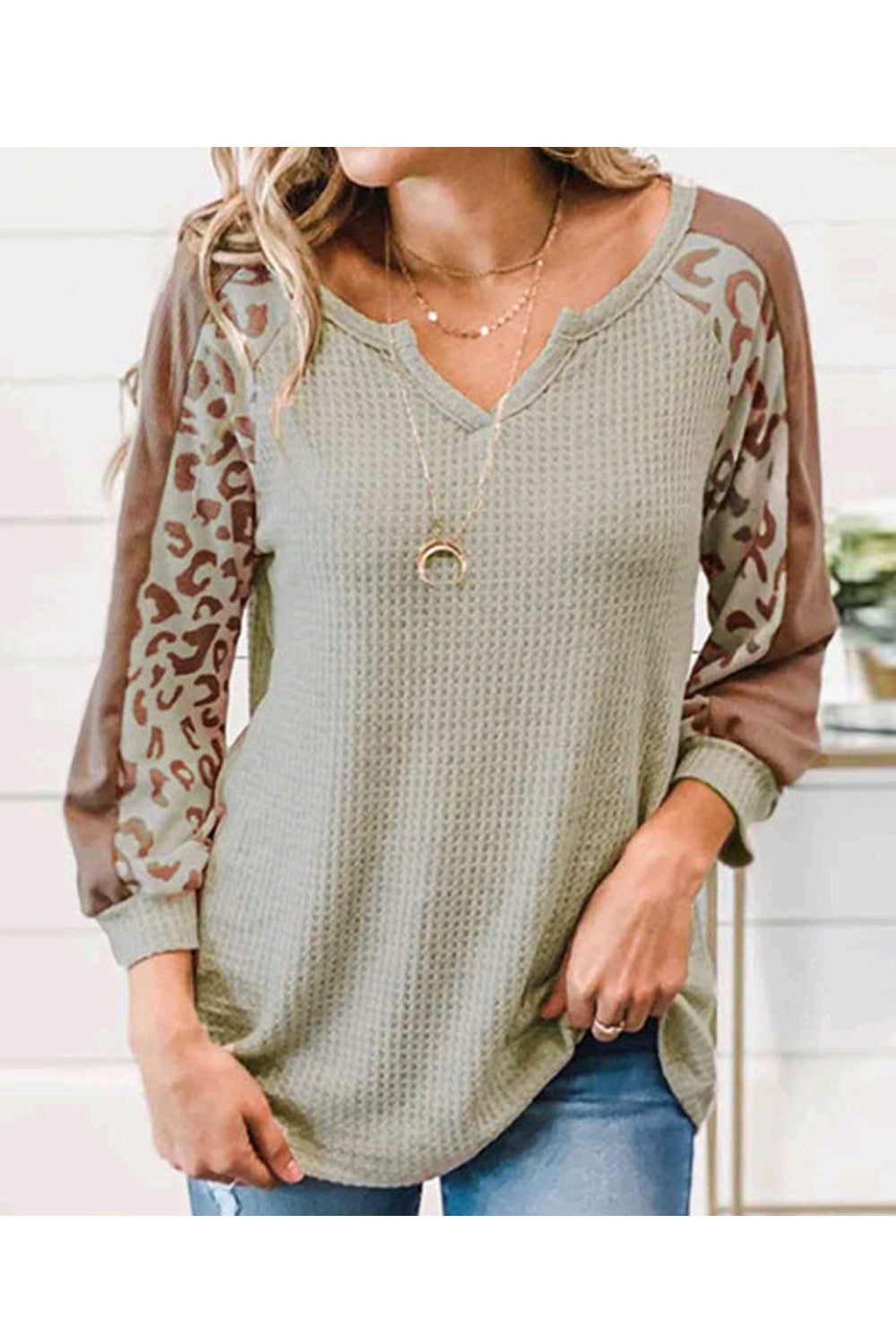 Women Stylish Irregular Neck Leopard Printed Sleeve Sweatshirt