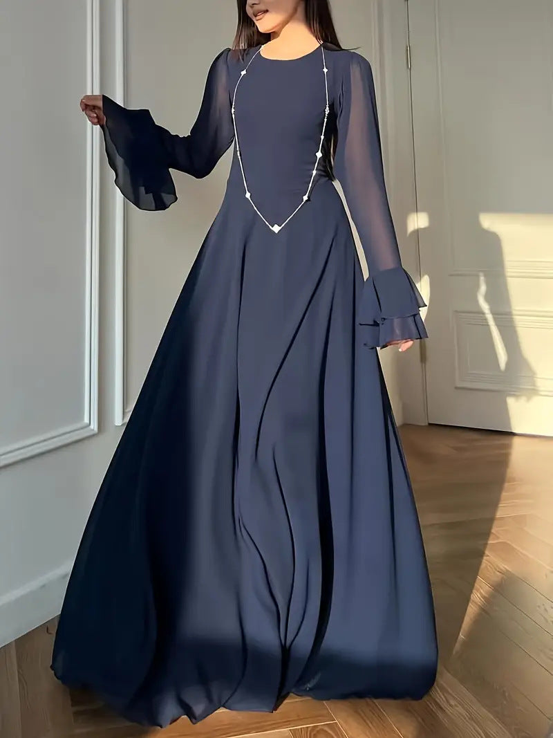 Women's Solid Color Round Neck Waist-Cinching Flared Sleeve Midi Dress for Autumn