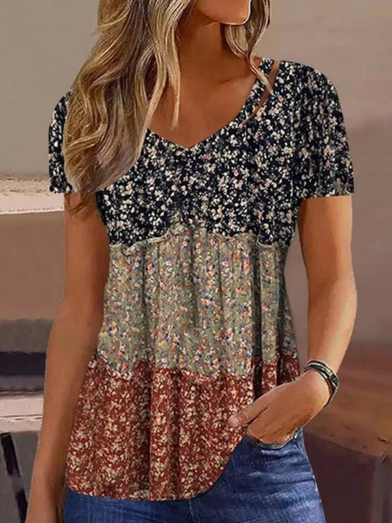 Summer New Printed V Neck Short-Sleeved Color Matching Versatile Fashion T-Shirt Top for Women