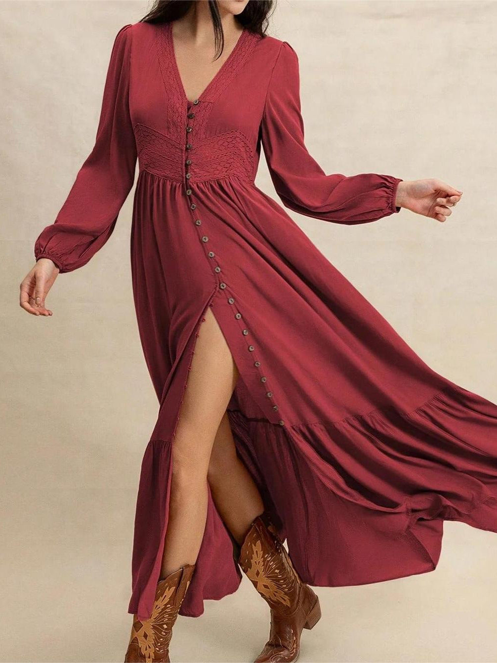 Women's Solid Color Long Sleeve V-Neck Button Front Lace Patchwork Waist-Defined Split Midi Dress