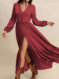 Women's Solid Color Long Sleeve V-Neck Button Front Lace Patchwork Waist-Defined Split Midi Dress