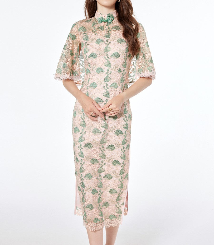 Plus-Size Gold Thread Cheongsam with Modified Cape Sleeves – Spring/Summer Slim-Fit Lace Dress, Versatile & Casual