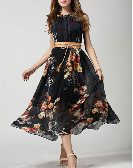 Sleeveless High Waist Printed Chiffon Dress