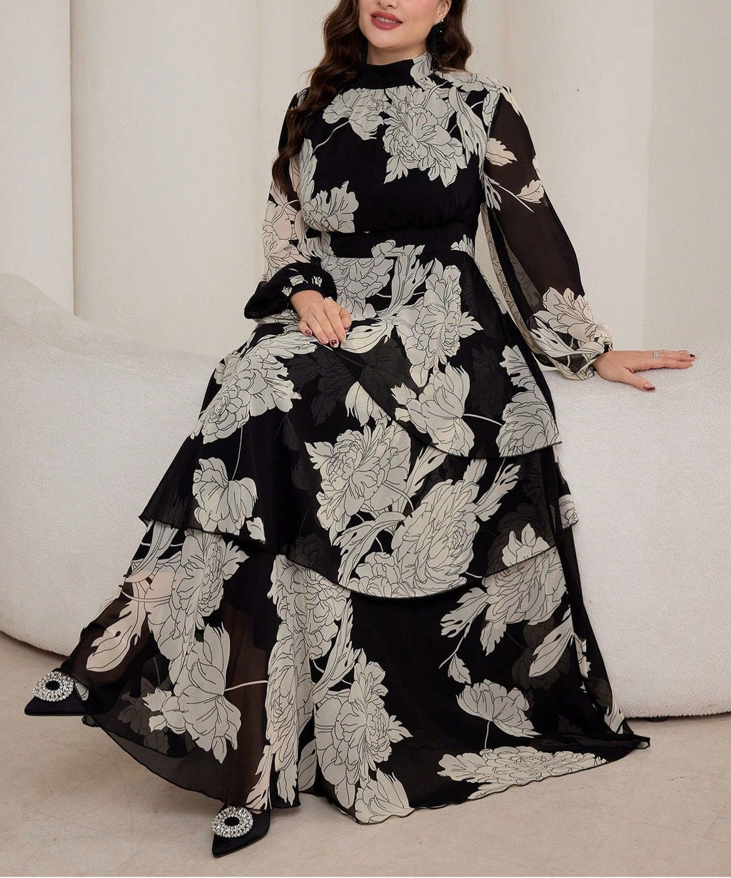 Women's Plus Size Stand Collar Tie Waist Midi Dress Elegant A-Line Full Skirt Short Sleeve Casual Dress