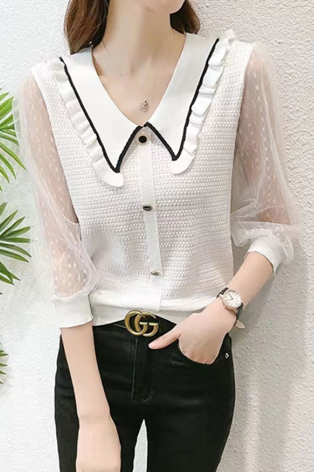 Women's Lapel Doll Collar ThreeQuarter Sleeve Top