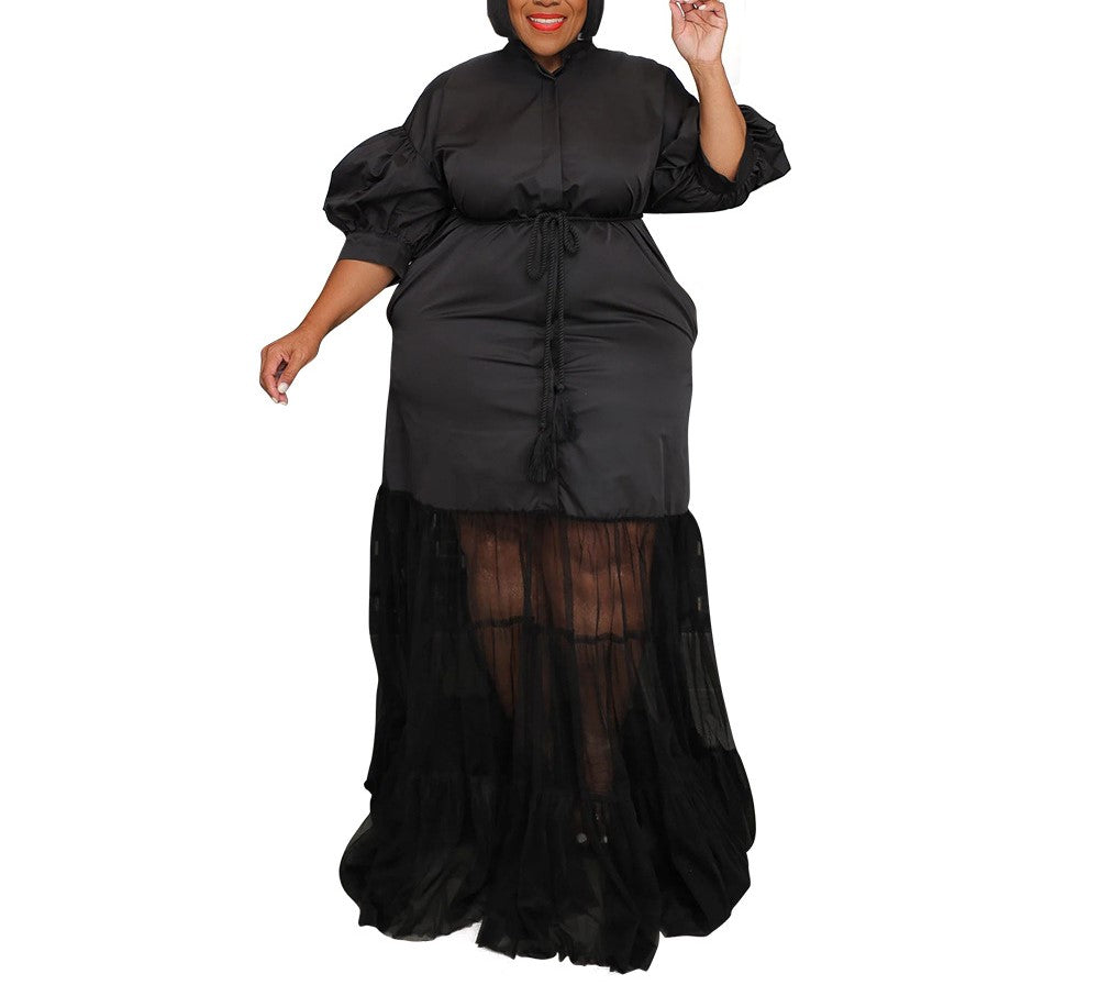 Elegant Plus Size Semi-Mesh Short-Sleeved Autumn Cardigan Dress with Collar & Low Neckline