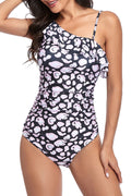 Women Trendy Oblique Neck Printed Style Ruffled Style One Piece Swimwear