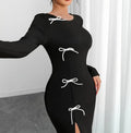 Women's Long Sleeve Slim Fit Waist Dress with Bow Accent and High Side Slit Elegant Midi Dress