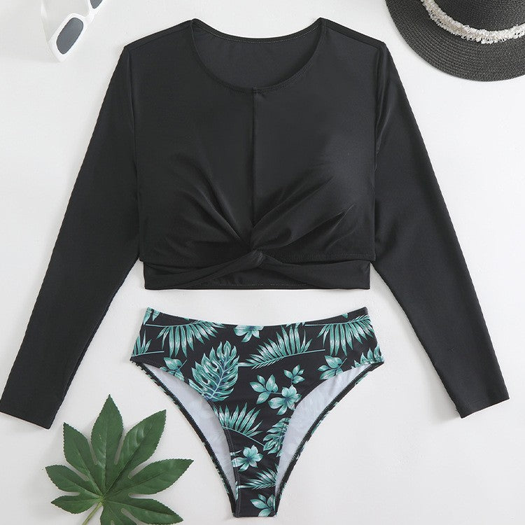 New Digital Print Cross-Pleated Long Sleeve High Collar Bikini Split Swimsuit for Women