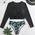 New Digital Print Cross-Pleated Long Sleeve High Collar Bikini Split Swimsuit for Women