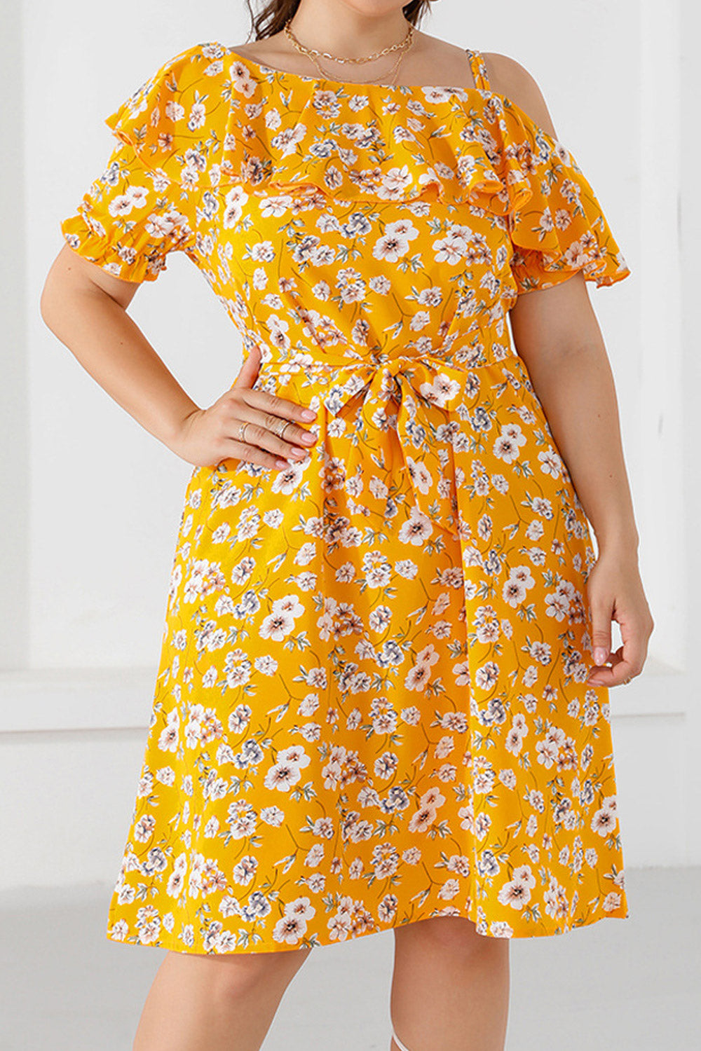 Women Plus Summer Fashion One Shoulder Ruffled Floral Mini Dress