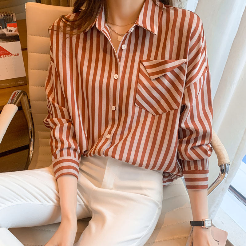 Lightweight Chiffon Lapel Blouse for Women - Spring & Fall Striped Cardigan Shirt