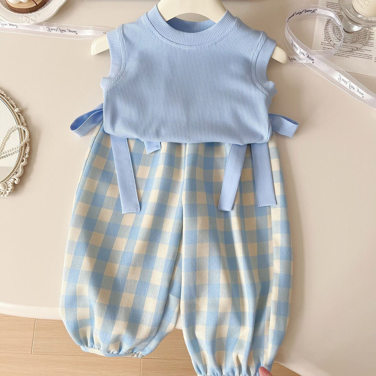 Summer Girls’ 3-Piece Outfit Set – Trendy Vest, Bow Detail Top & Plaid Casual Pants - RAC26JP5382BATS