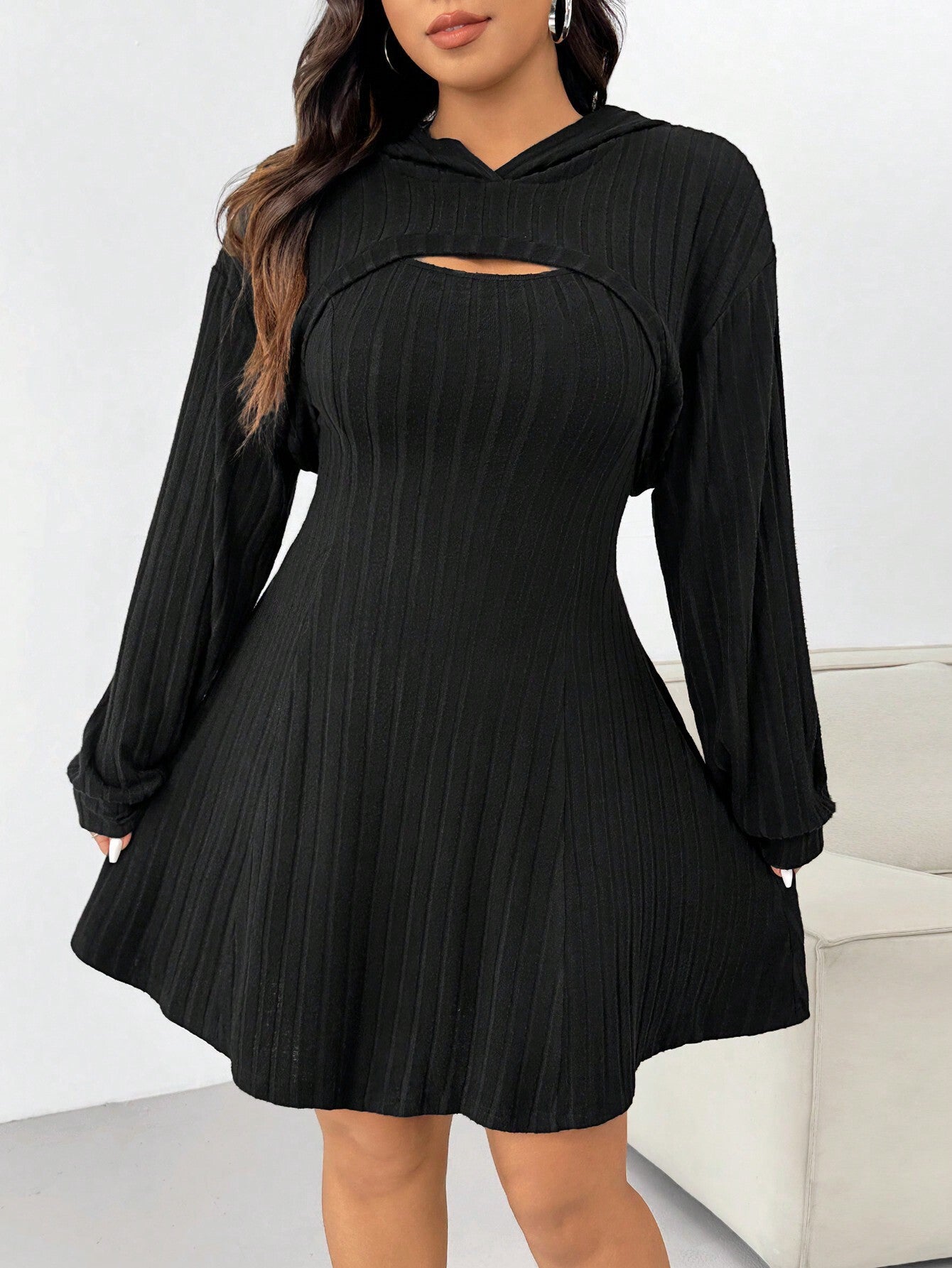 Plus Size Women’s Sweet Style Autumn & Winter Two-Piece Set – Hooded Shawl Top and Short Skirt Outfit
