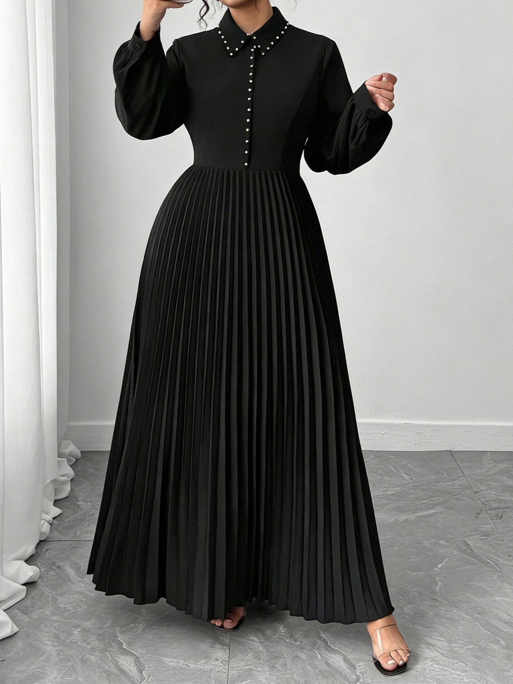 Plus-Size Women's Long Sleeve Pleated A-Line Maxi Dress, Waist-Cinching Elegant Casual Dress for Everyday, Office, Party, and Sp