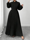 Plus-Size Women's Long Sleeve Pleated A-Line Maxi Dress, Waist-Cinching Elegant Casual Dress for Everyday, Office, Party, and Sp