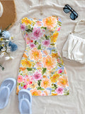 Women's Floral Print Elegant Waist-Defined French Inspired Midi Dress with Soft Flowing Silhouette