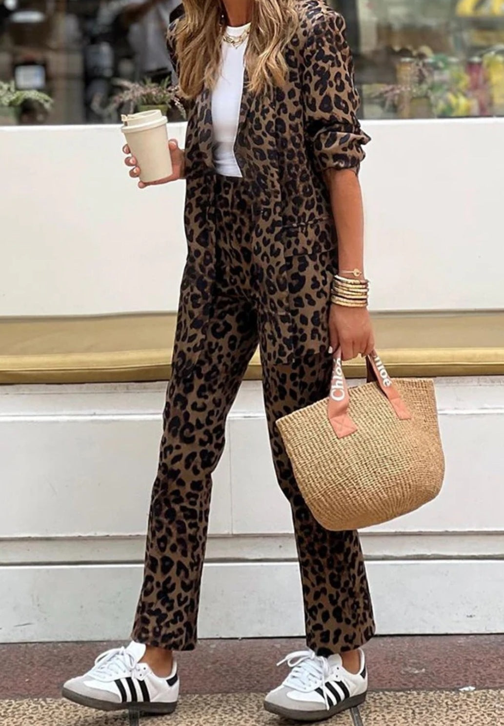Women's Leopard Print Long-Sleeved Top with High-Waisted Pants Two-Piece Outfit Set